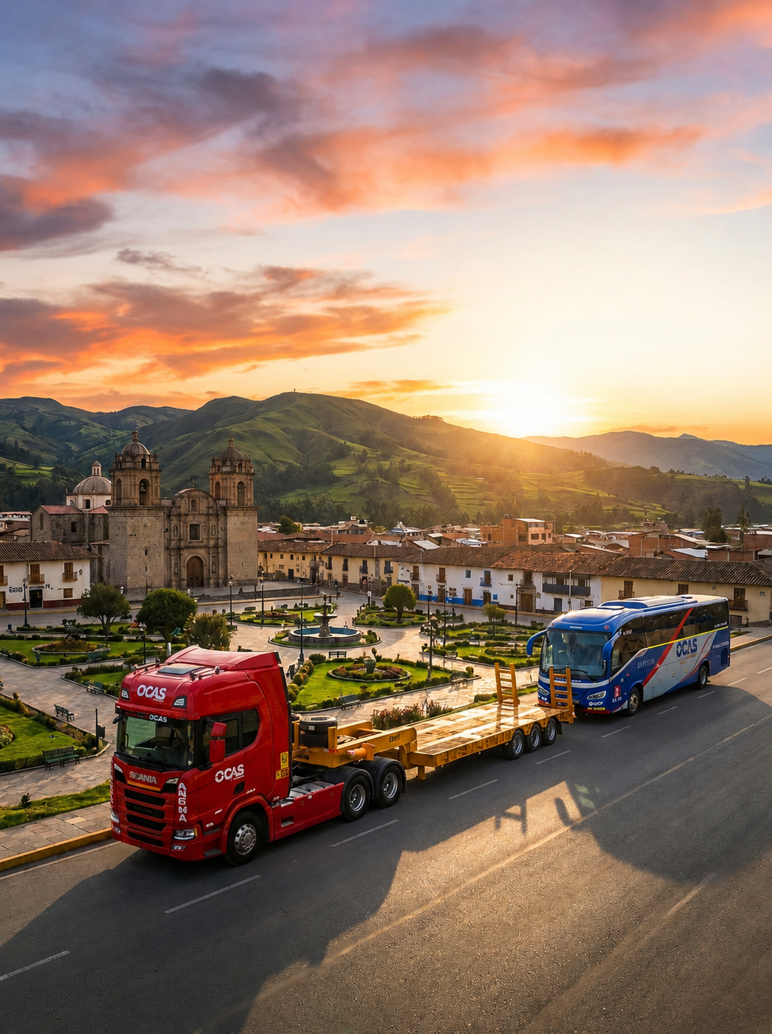 Camión y bus de Transportes Ocas circulando por la Plaza de Armas de Cajamarca al atardecer